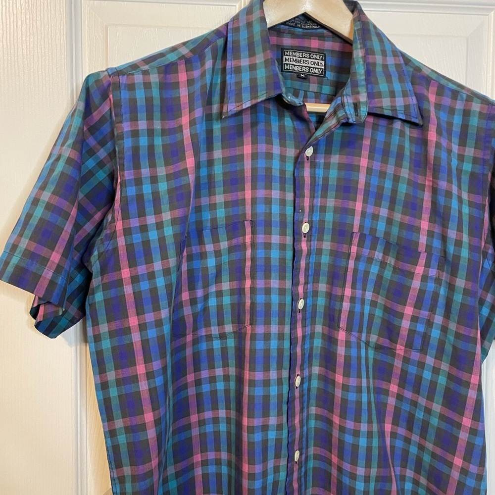 VTG Members Only black/blue/pink/green plaid short sleeve button down shirt sz M - Picture 3 of 10